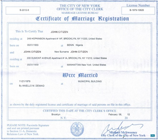 Download New York Office of the city clerk marriage certificate Photoshop template